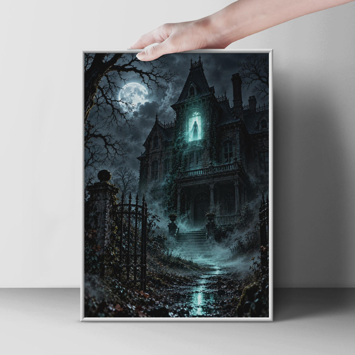 Haunted Mansion Ghost Poster, Gothic Horror Wall Art, Spooky Full Moon Victorian House Print