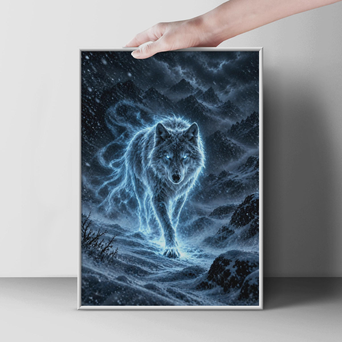 Glowing Blue Spirit Wolf Poster, Fantasy Winter Mountain Wall Art (Printed to Order)