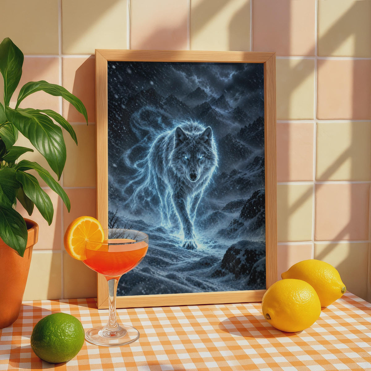 Glowing Blue Spirit Wolf Poster, Fantasy Winter Mountain Wall Art (Printed to Order)