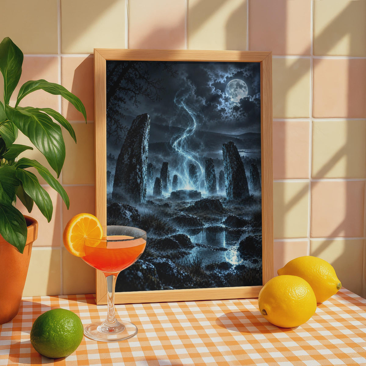 Mystical Stone Circle Poster, Full Moon Celtic Fantasy Night Scene, Gothic Pagan Print (Physical)