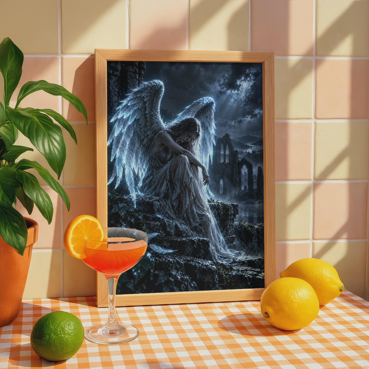 Fallen Angel Poster, Gothic Fantasy Wall Art, Moonlit Ruins Print