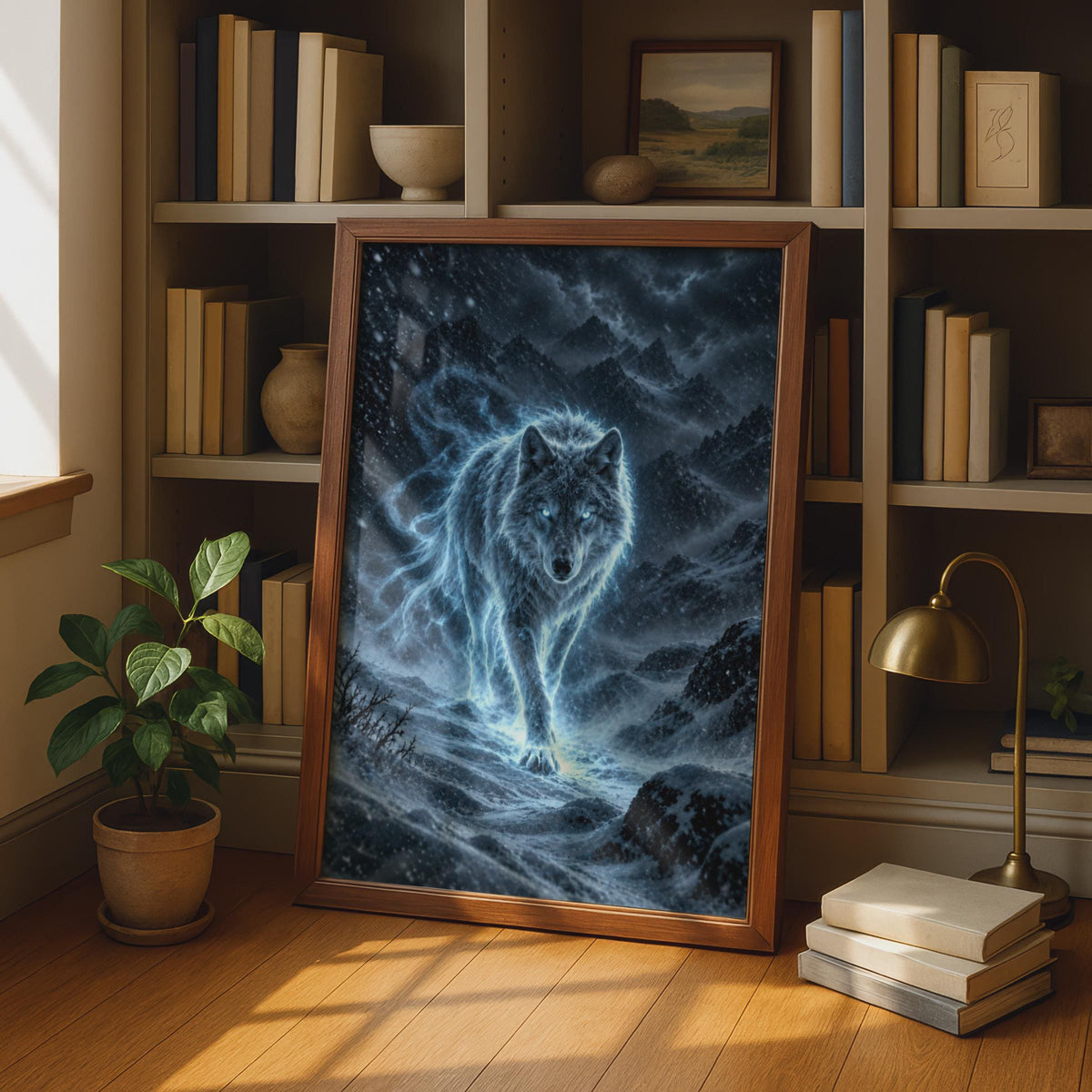 Glowing Blue Spirit Wolf Poster, Fantasy Winter Mountain Wall Art (Printed to Order)