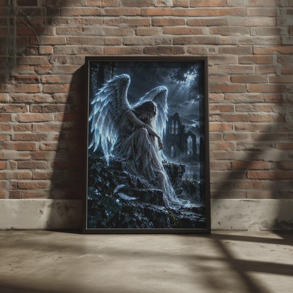 Fallen Angel Poster, Gothic Fantasy Wall Art, Moonlit Ruins Print