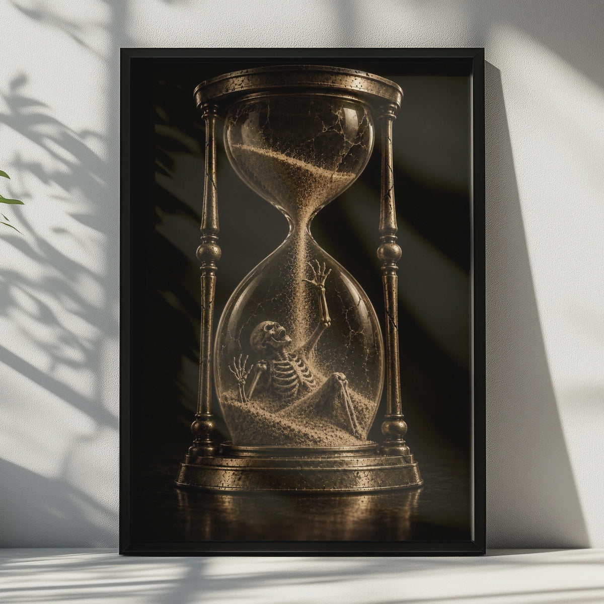 Skeleton Hourglass Poster, Gothic Memento Mori Art, Sepia Vanitas Print