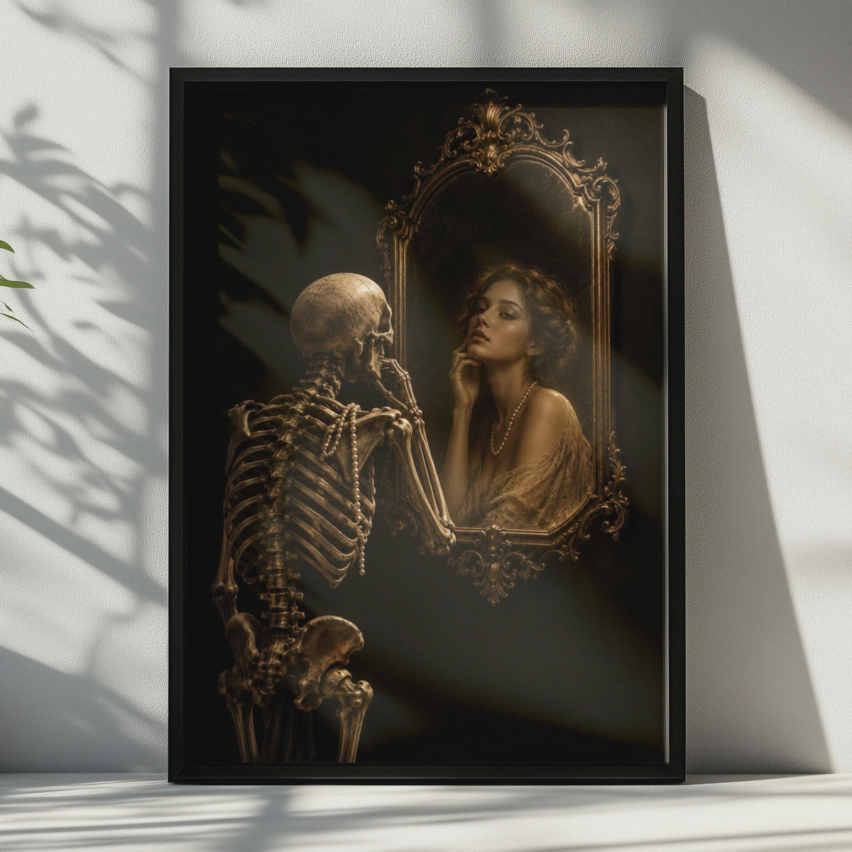 Skeleton Mirror Reflection Poster, Gothic Memento Mori Art, Sepia Gold Baroque Print