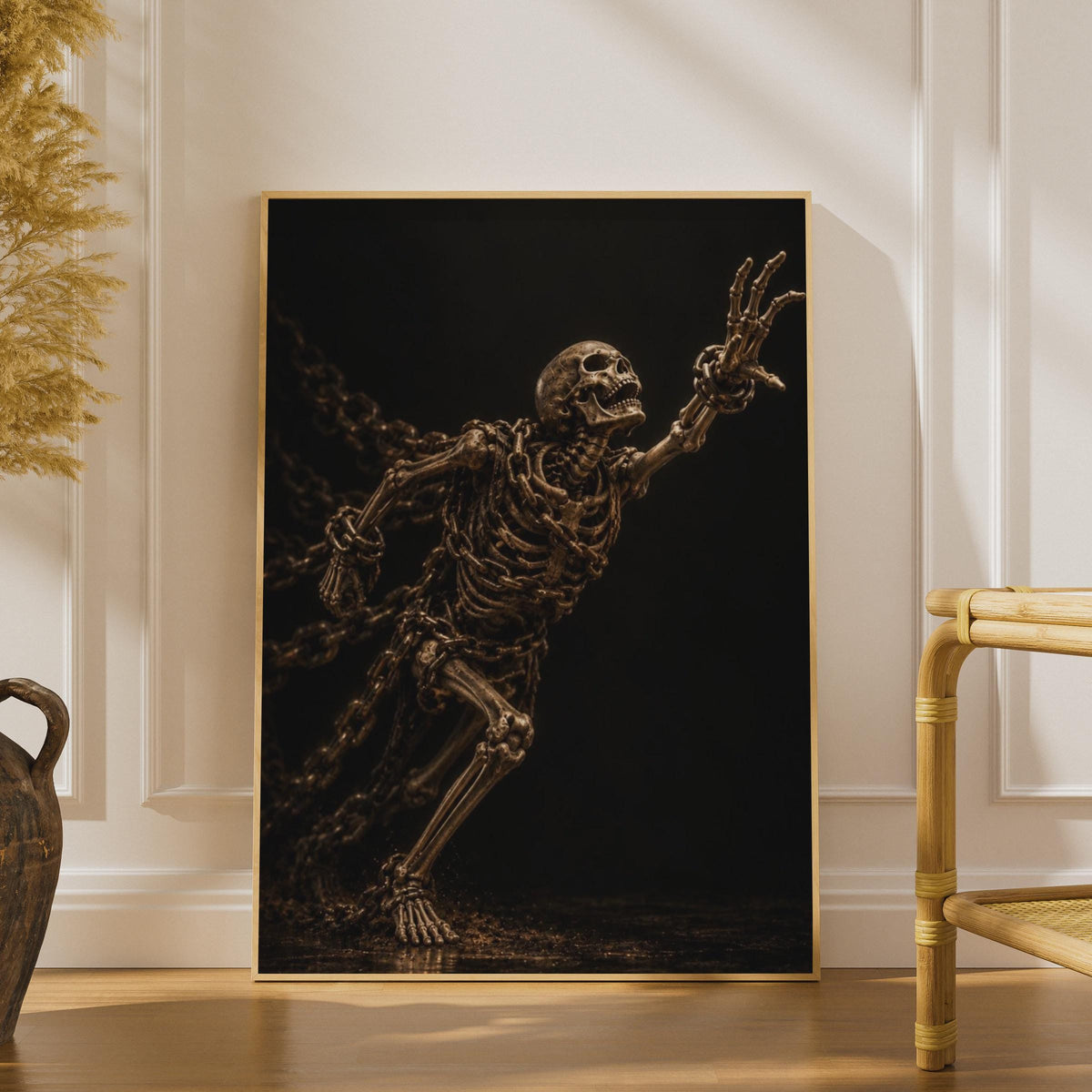 Skeleton Breaking Chains Poster, Dark Gothic Wall Art, Bronze Amber Skull Print (Physical Print)