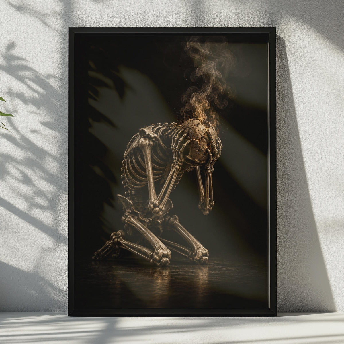 Burning Skull Skeleton Poster, Dark Gothic Wall Art, Moody Bone Figure Print