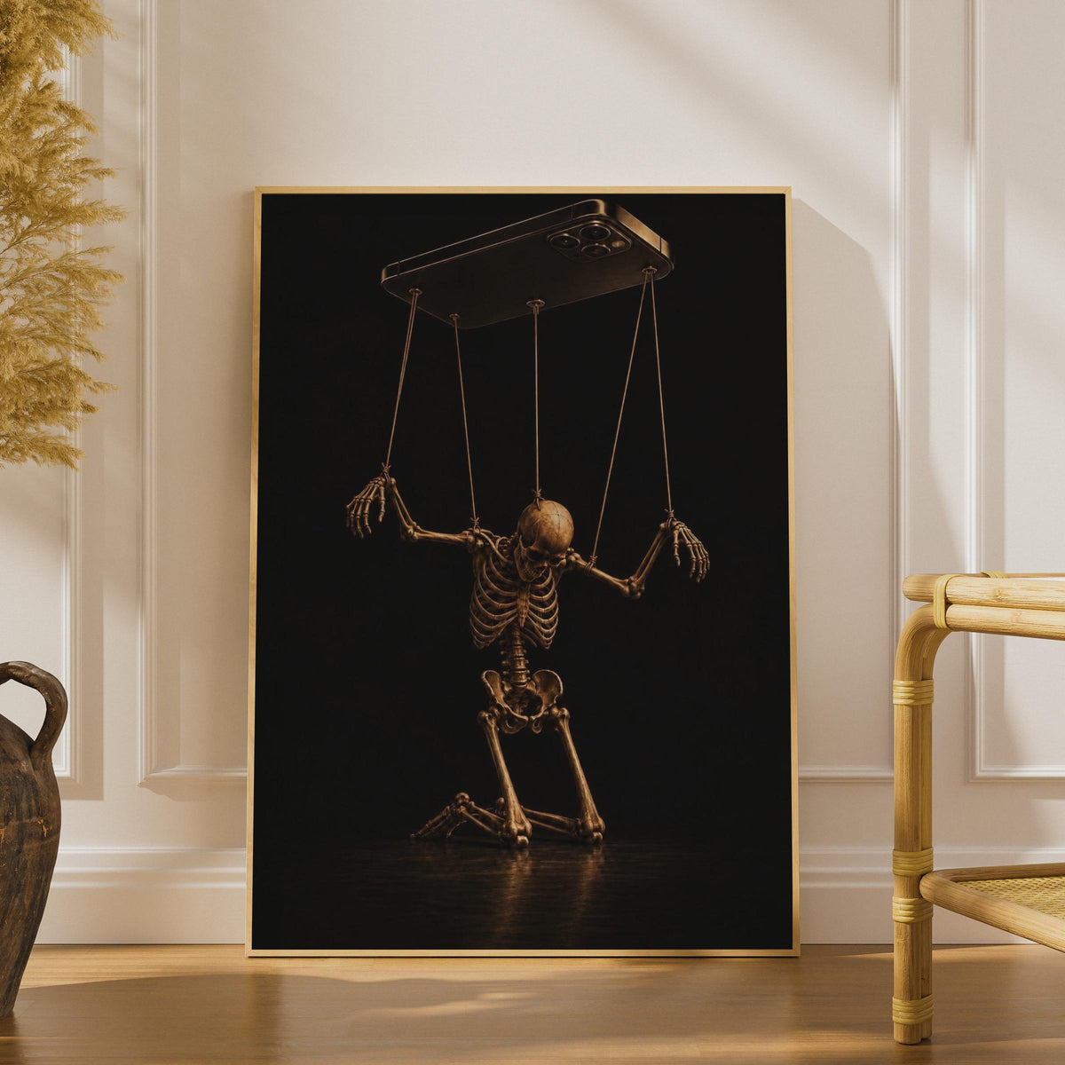 Skeleton Puppet Phone Poster, Dark Gold Gothic Wall Art (Printed Poster)