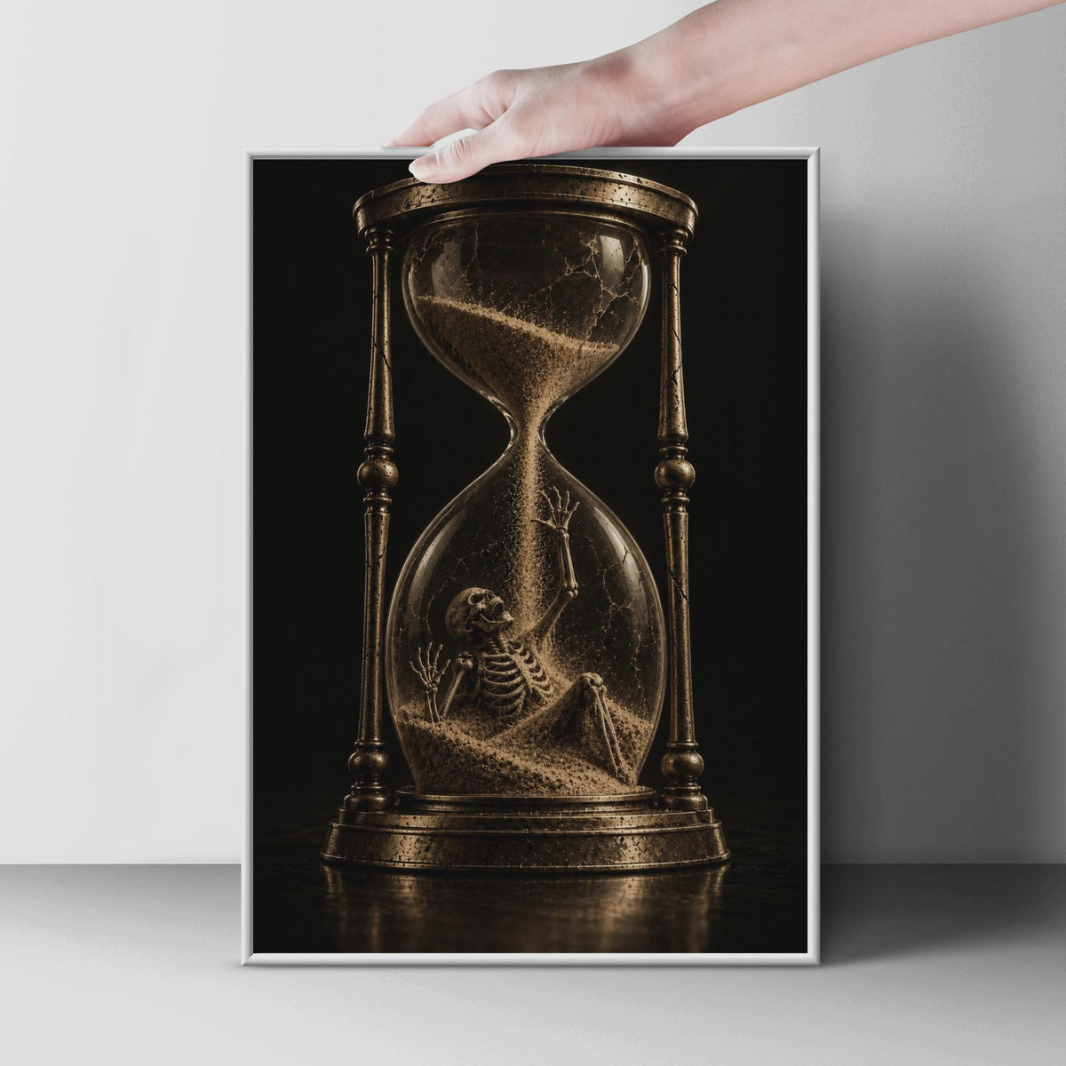 Skeleton Hourglass Poster, Gothic Memento Mori Art, Sepia Vanitas Print
