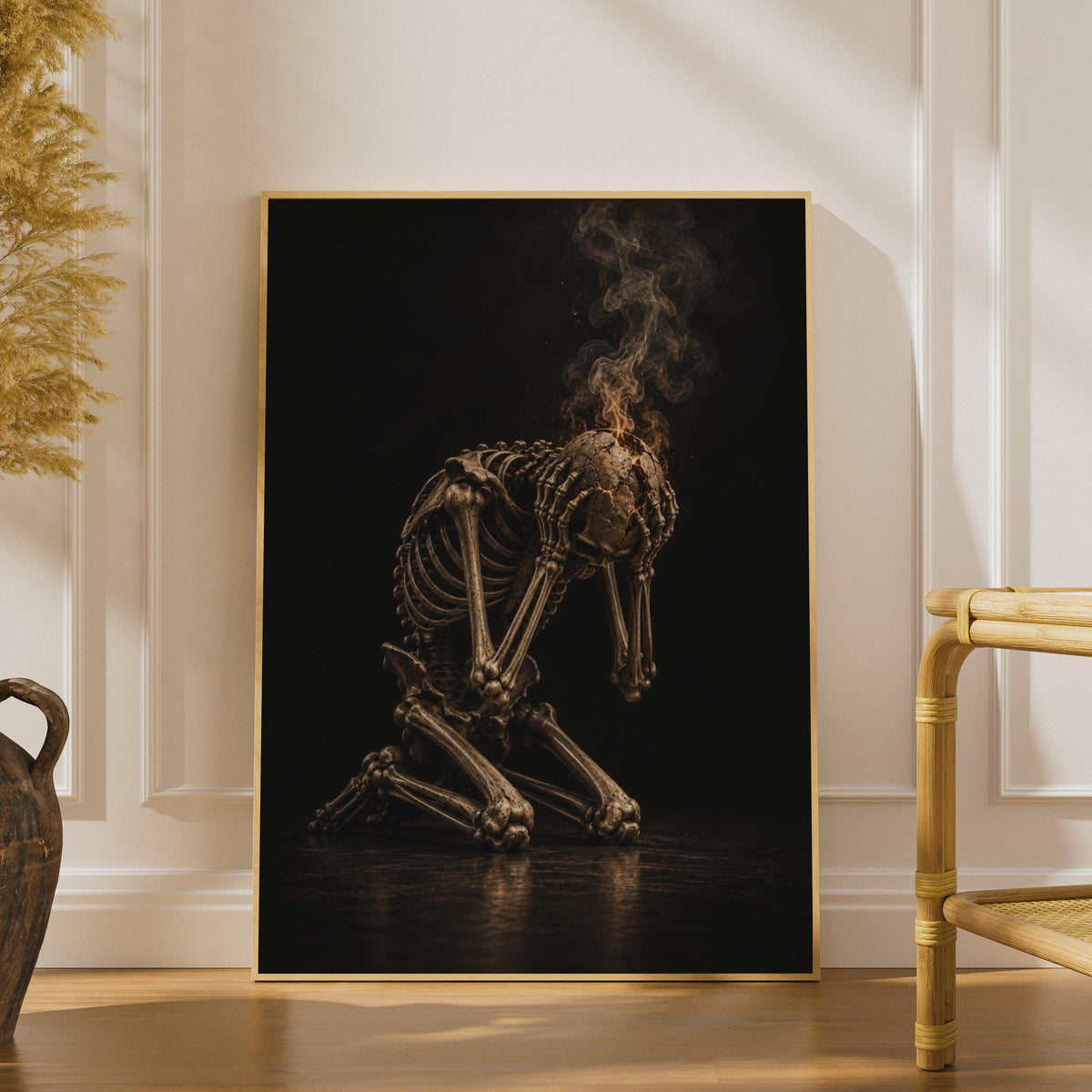 Burning Skull Skeleton Poster, Dark Gothic Wall Art, Moody Bone Figure Print