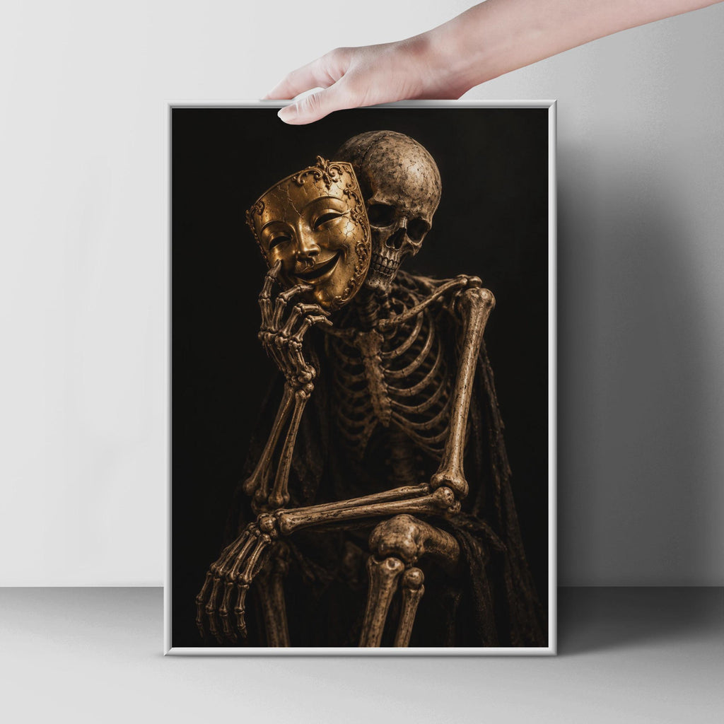 Skeleton Gold Mask Poster, Dark Gothic Wall Art, Memento Mori Print (Physical)