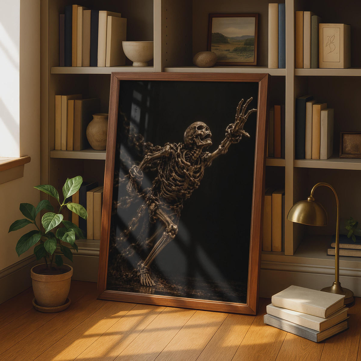 Skeleton Breaking Chains Poster, Dark Gothic Wall Art, Bronze Amber Skull Print (Physical Print)