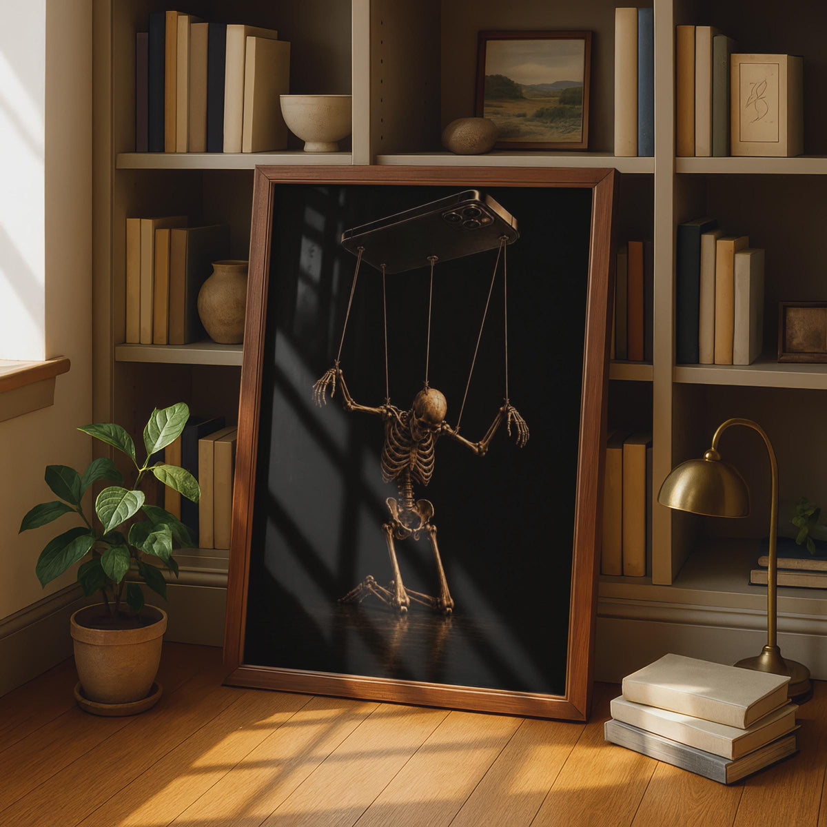 Skeleton Puppet Phone Poster, Dark Gold Gothic Wall Art (Printed Poster)