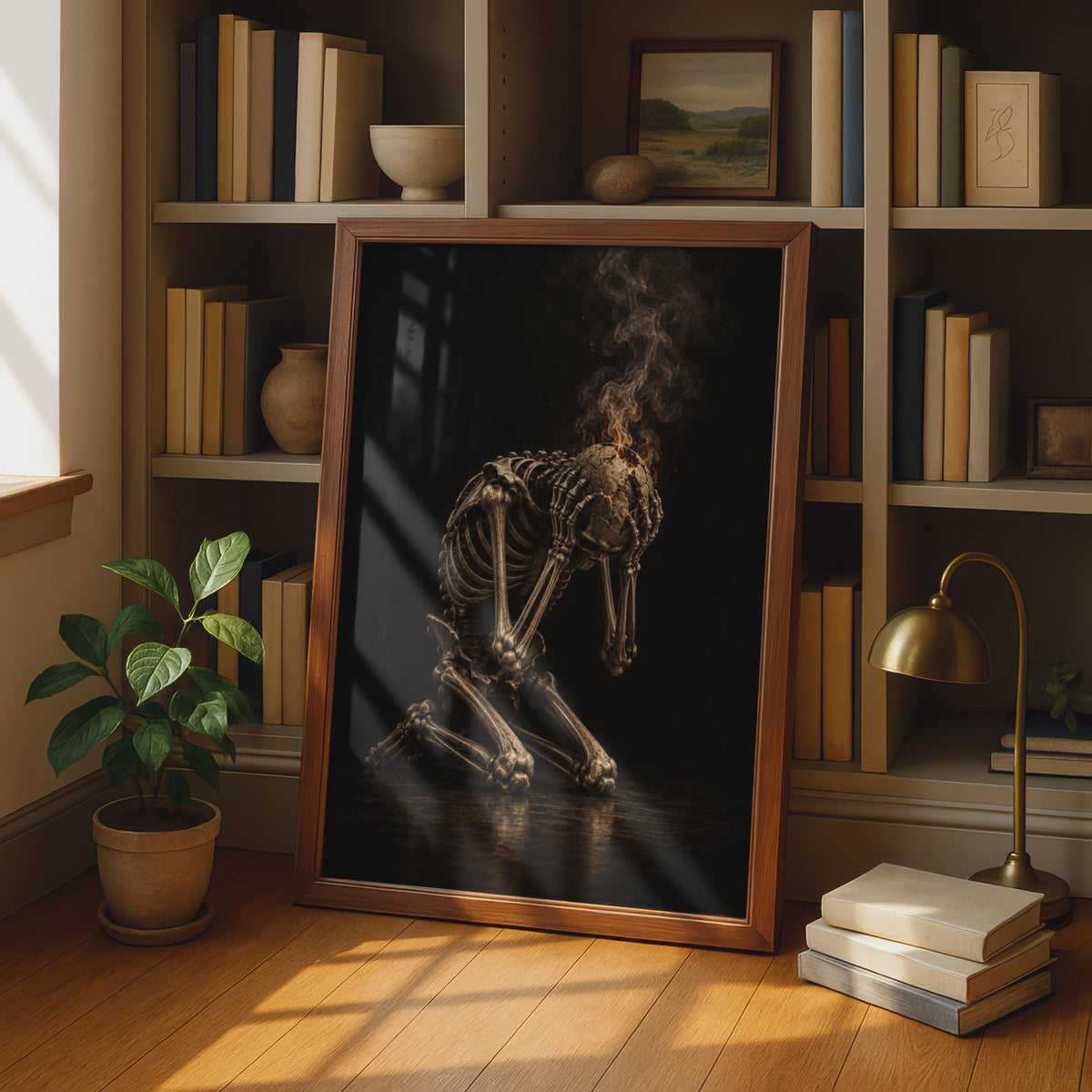 Burning Skull Skeleton Poster, Dark Gothic Wall Art, Moody Bone Figure Print