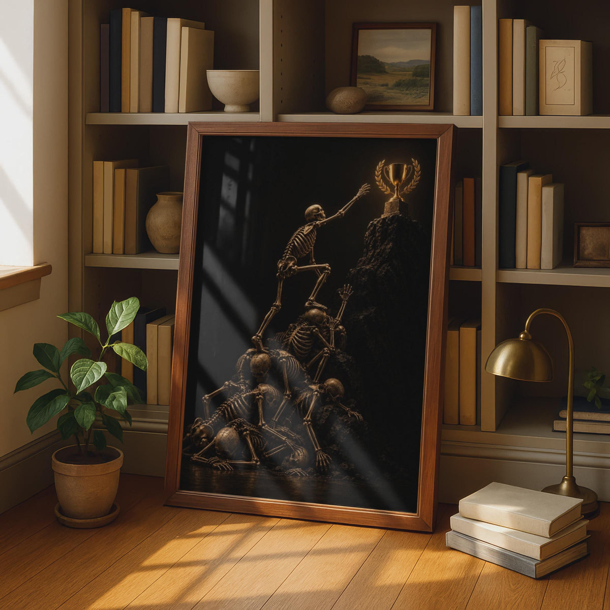 Dark Ambition Poster, Golden Skeletons Climbing for Trophy, Gothic Motivational Art
