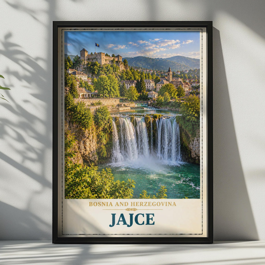 Jajce Bosnia Travel Poster, Waterfall Castle Wall Art, Balkans City Print (Vintage Style)