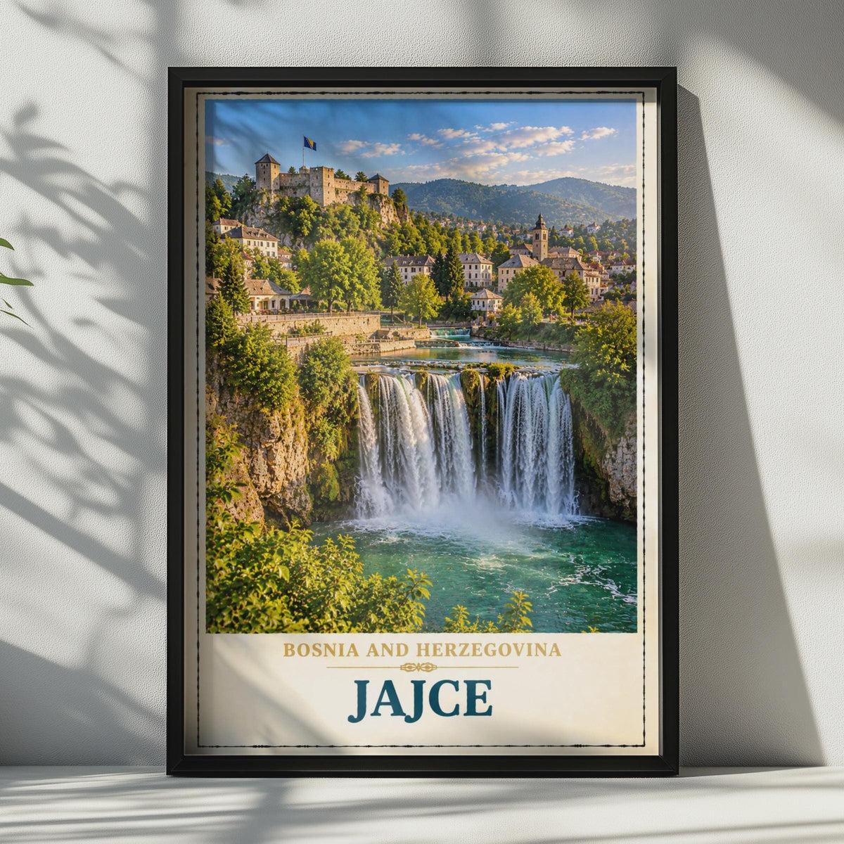 Jajce Bosnia Travel Poster, Waterfall Castle Wall Art, Balkans City Print (Vintage Style)