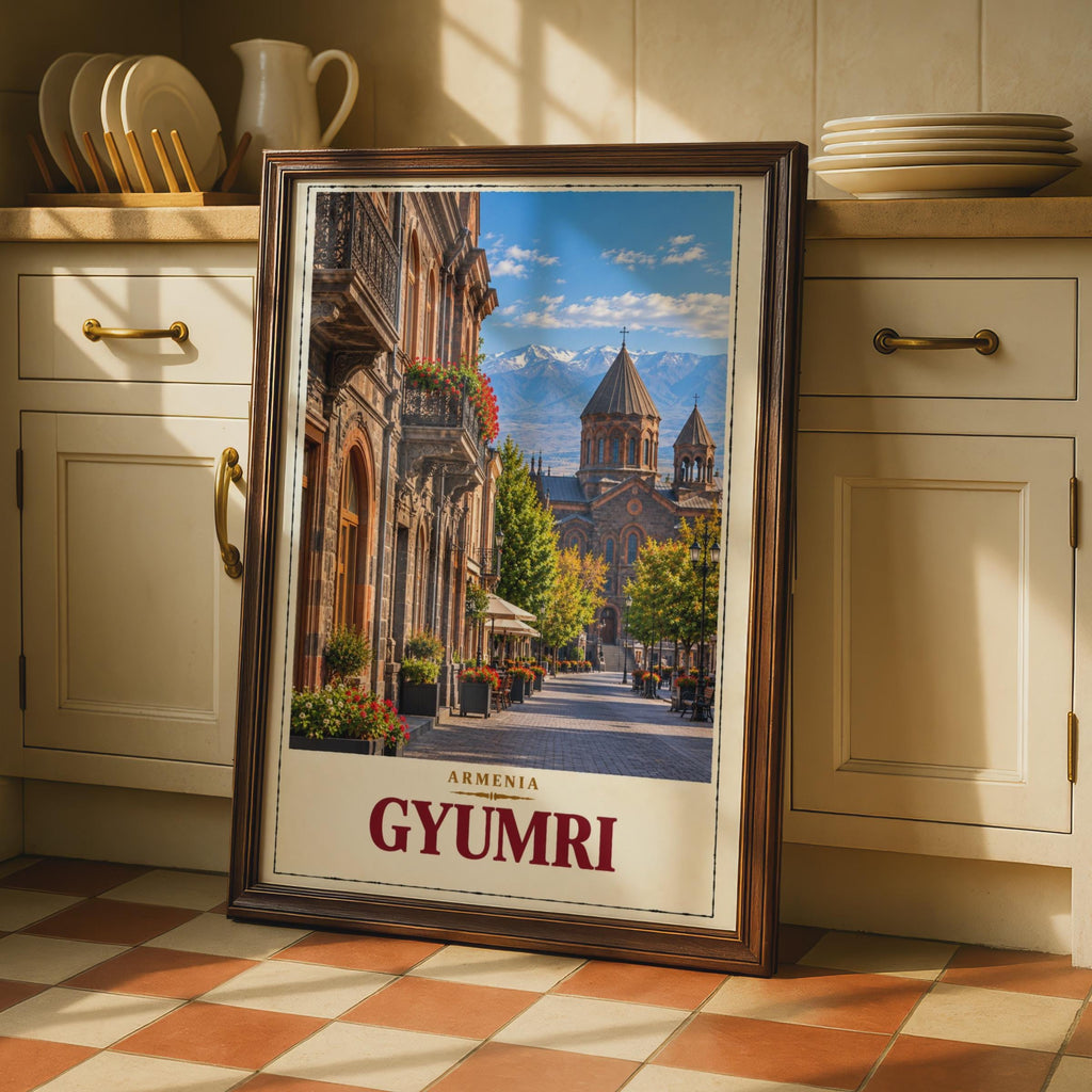 Gyumri Armenia Travel Poster, Armenian Church, Caucasus Mountains, Vintage Style Print