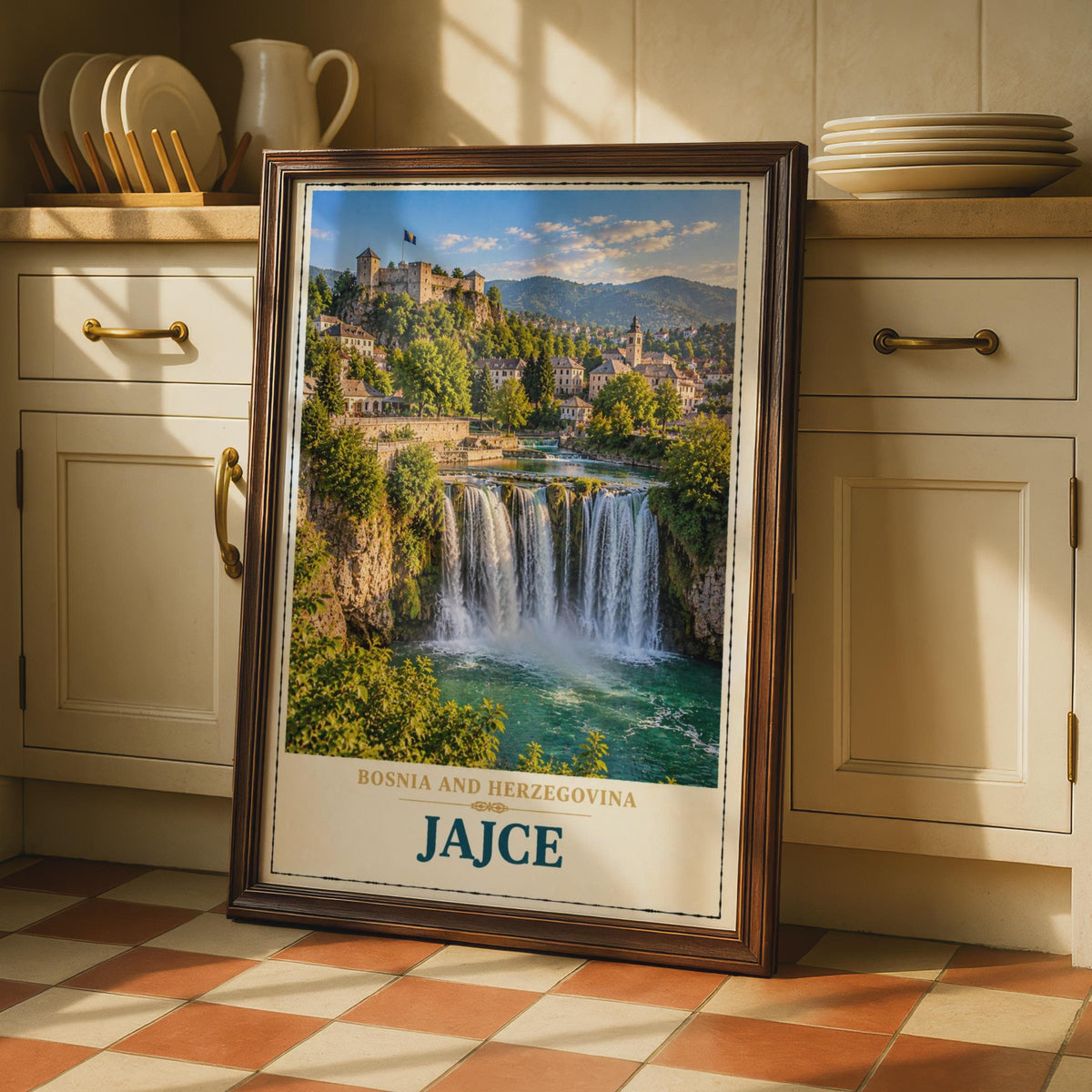 Jajce Bosnia Travel Poster, Waterfall Castle Wall Art, Balkans City Print (Vintage Style)