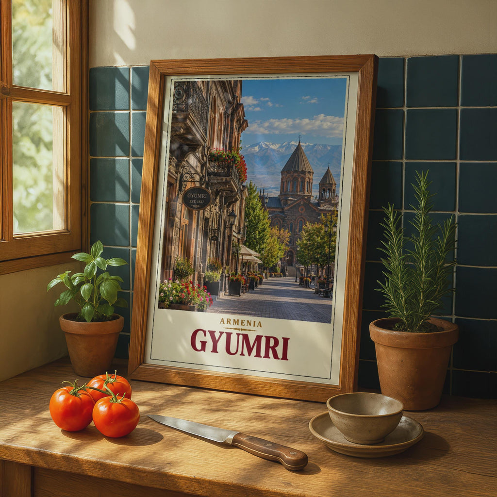Gyumri Armenia Travel Poster, Vintage Street Scene, Caucasus Mountains (Print)