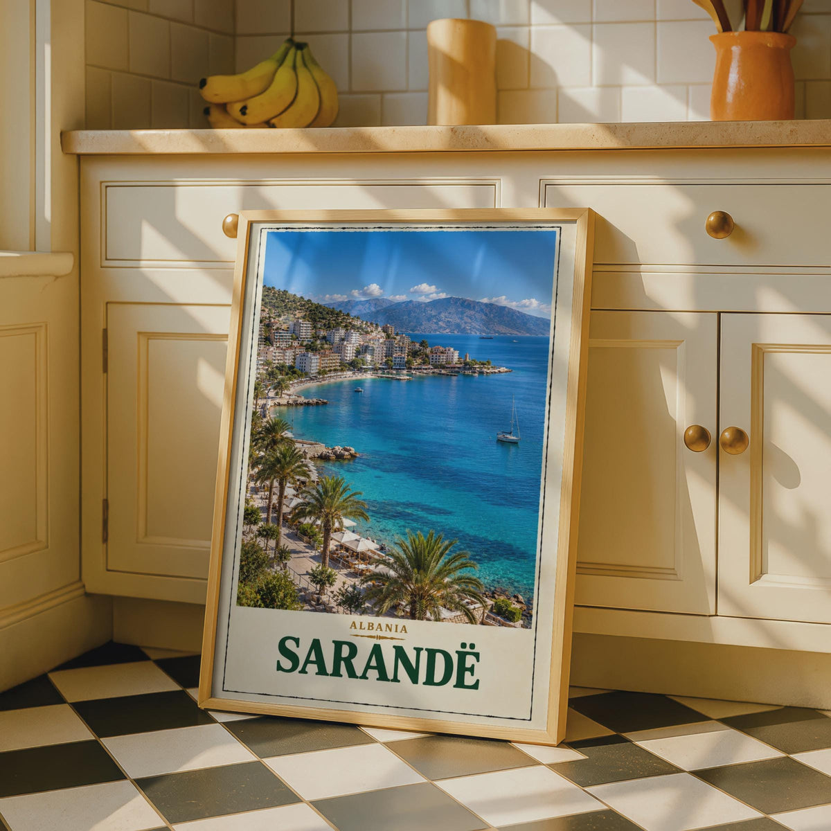 Sarande Albania Travel Poster, Ionian Sea Coastal Print, Mediterranean Bay Home Decor