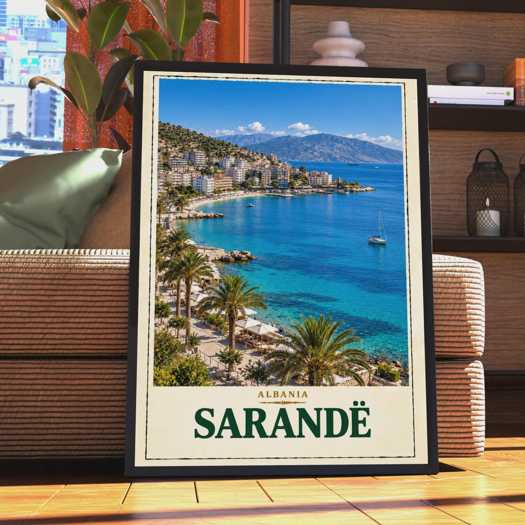 Sarande Albania Travel Poster, Ionian Sea Coastal Print, Mediterranean Bay Home Decor