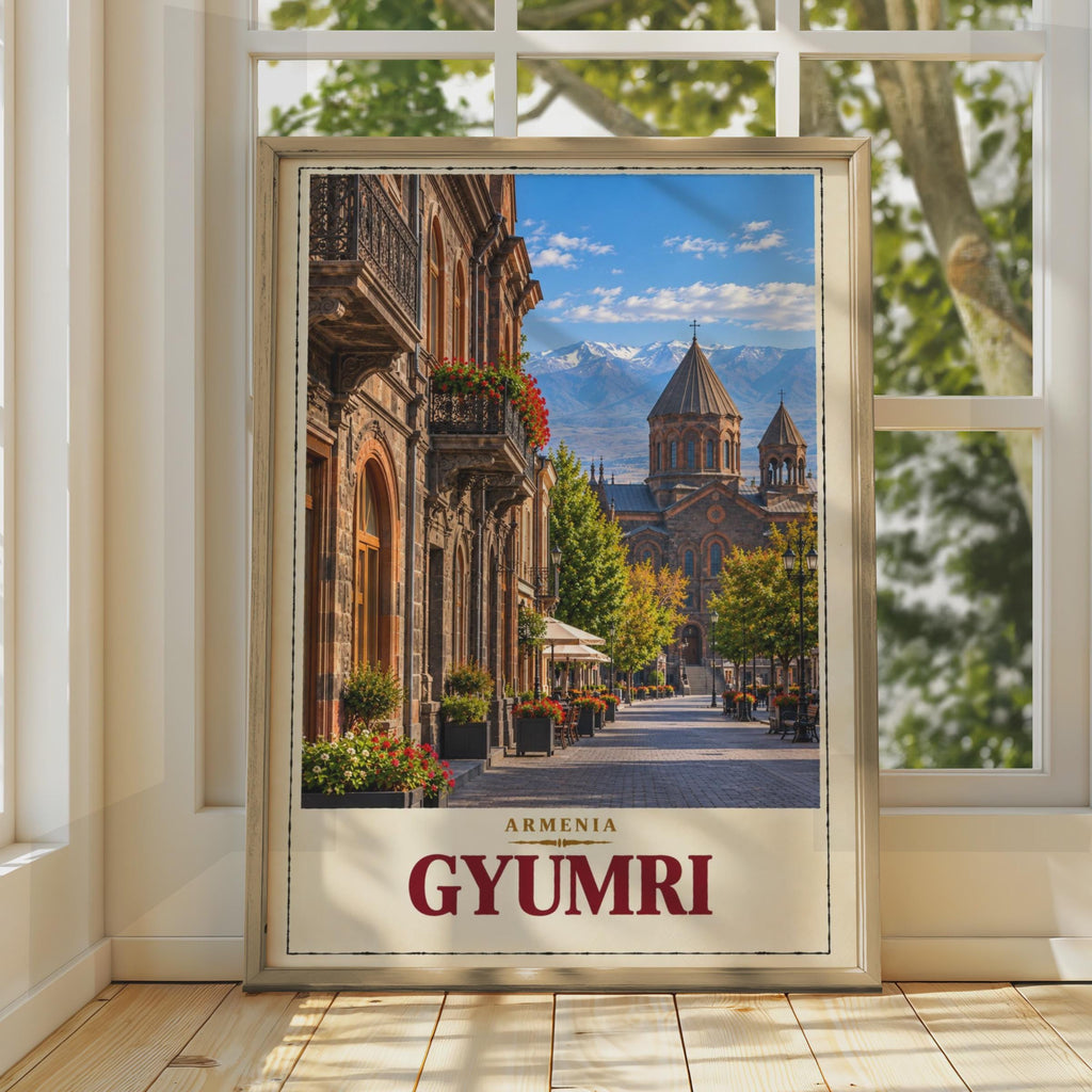 Gyumri Armenia Travel Poster, Armenian Church, Caucasus Mountains, Vintage Style Print