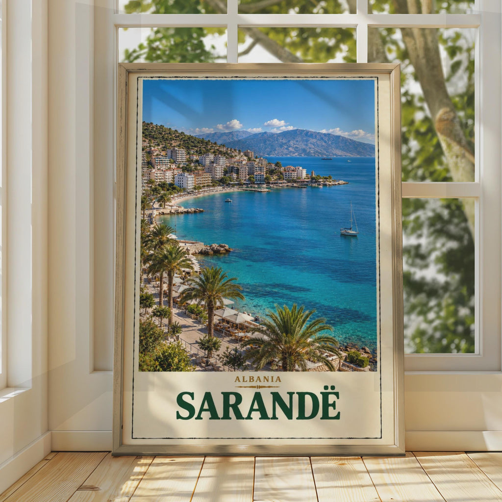Sarande Albania Travel Poster, Ionian Sea Coastal Print, Mediterranean Bay Home Decor