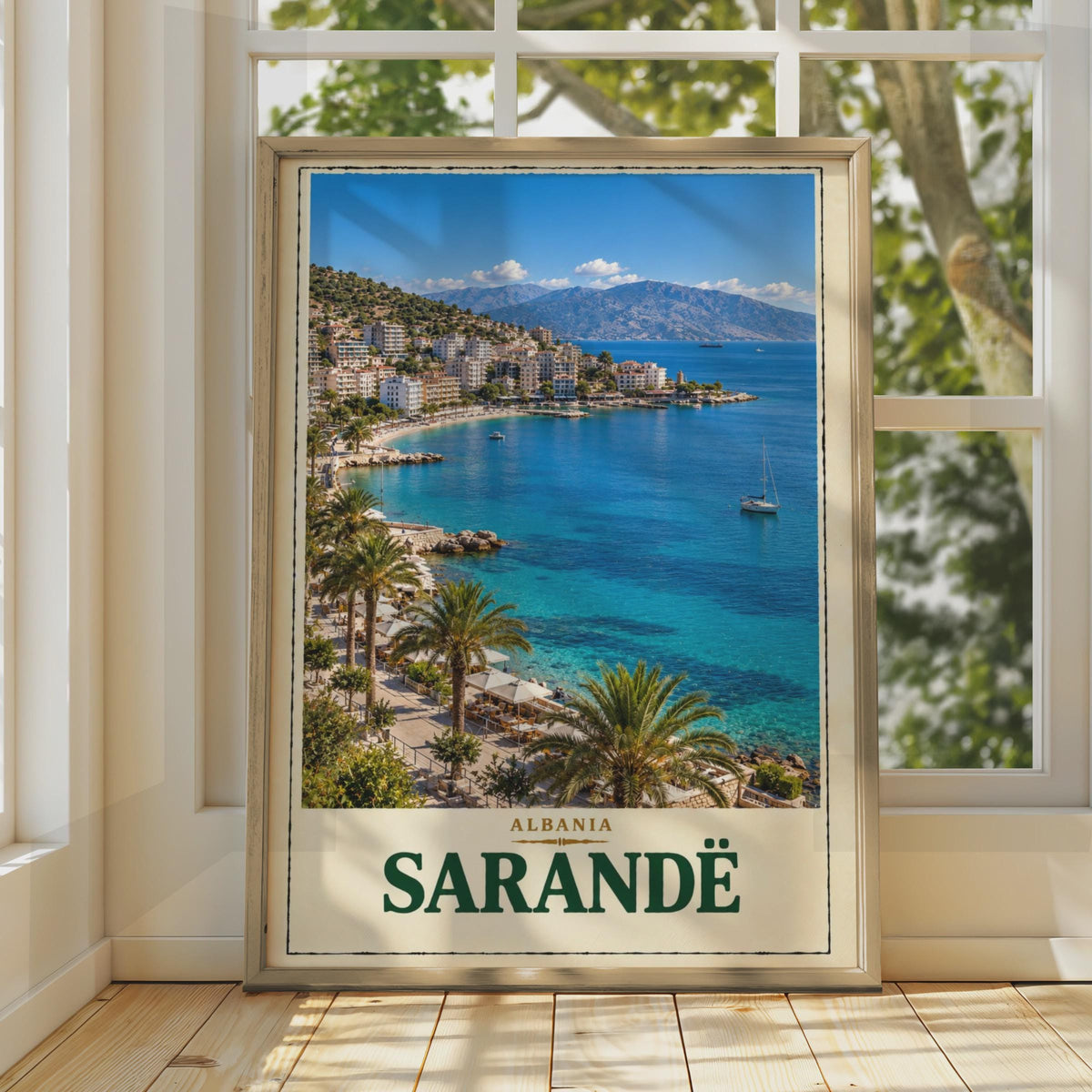 Sarande Albania Travel Poster, Ionian Sea Coastal Print, Mediterranean Bay Home Decor