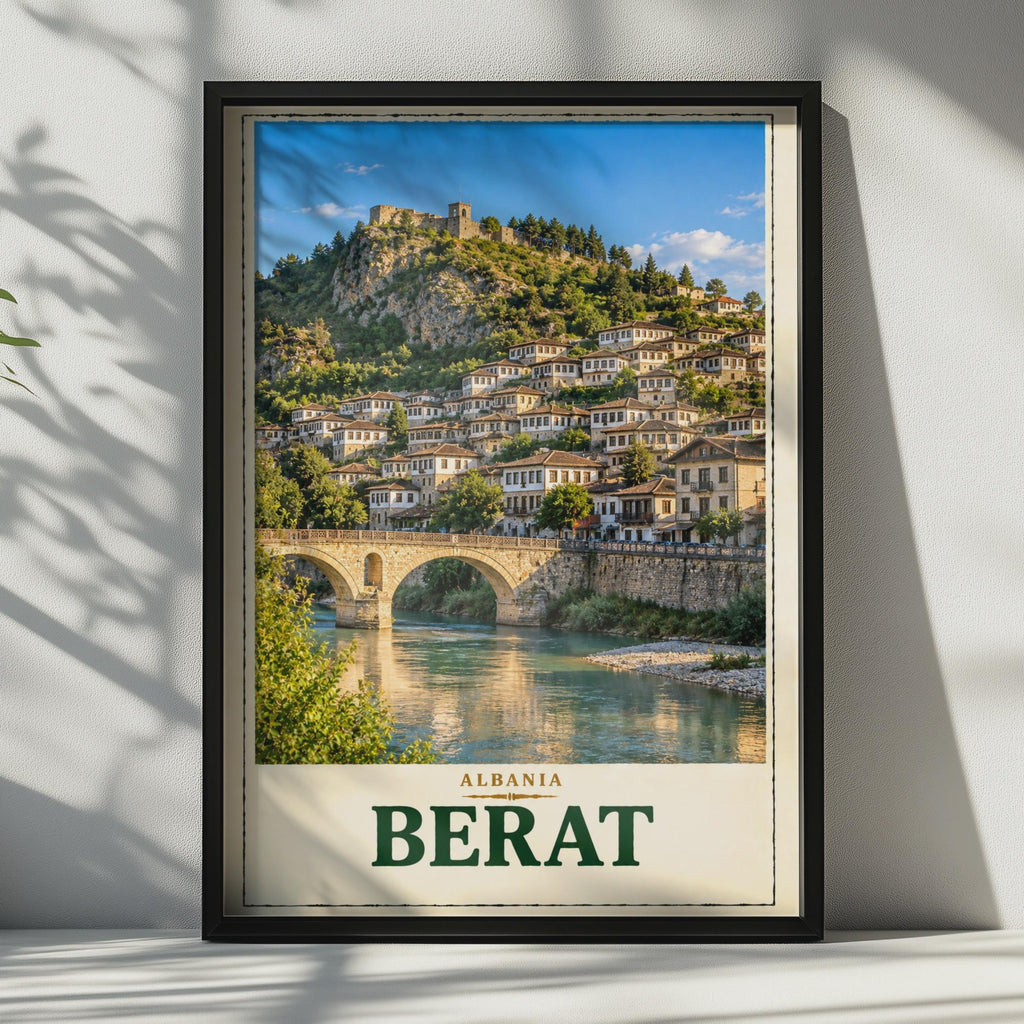 Berat Albania Travel Poster, UNESCO City of a Thousand Windows, Ottoman Architecture Wall Art (Print)