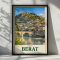 Berat Albania Travel Poster, UNESCO City of a Thousand Windows, Ottoman Architecture Wall Art (Print)