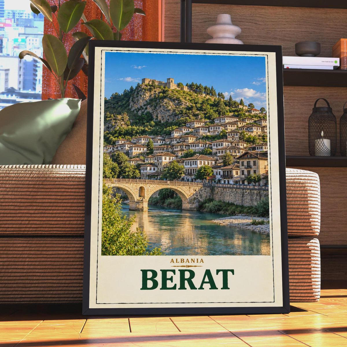 Berat Albania Travel Poster, UNESCO City of a Thousand Windows, Ottoman Architecture Wall Art (Print)