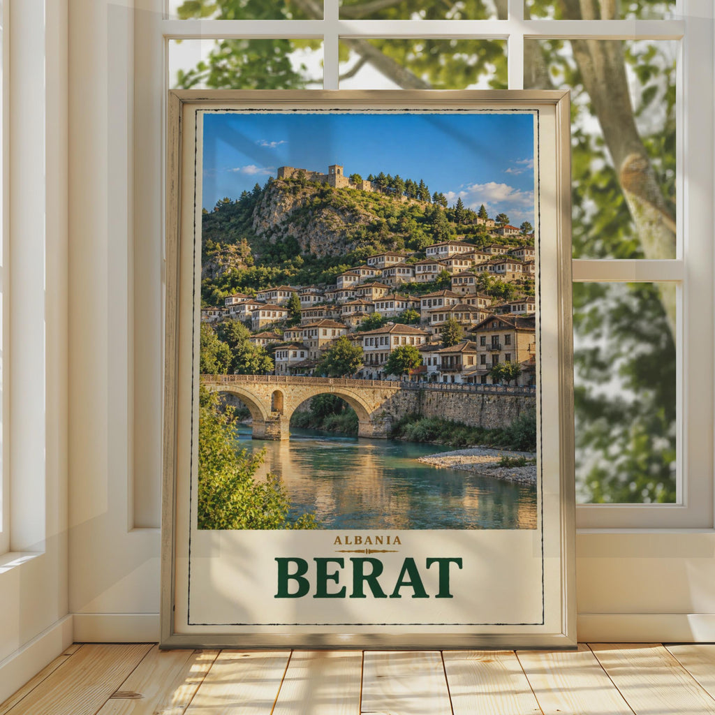 Berat Albania Travel Poster, UNESCO City of a Thousand Windows, Ottoman Architecture Wall Art (Print)