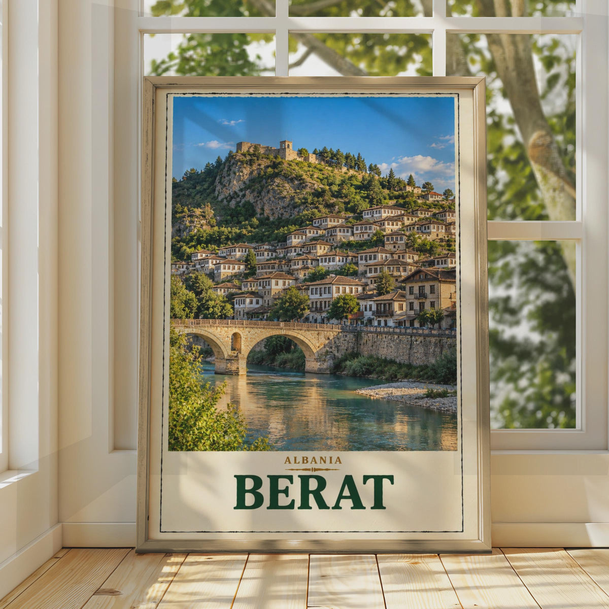 Berat Albania Travel Poster, UNESCO City of a Thousand Windows, Ottoman Architecture Wall Art (Print)