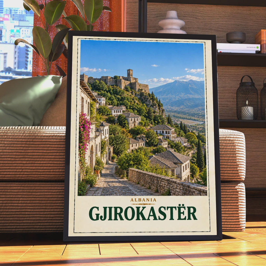 Gjirokaster Albania Travel Poster, UNESCO Old Town Castle, Balkan City Art (Print)