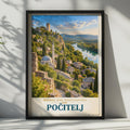 Pocitelj Bosnia Travel Poster, Balkan Hillside Town, Mosque River View (Print)