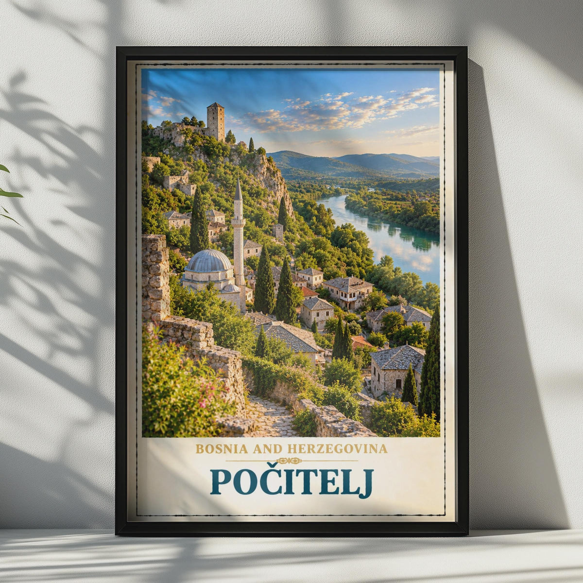 Pocitelj Bosnia Travel Poster, Balkan Hillside Town, Mosque River View (Print)