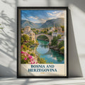 Bosnia and Herzegovina Travel Poster, Stari Most Bridge, Neretva River (Printed)