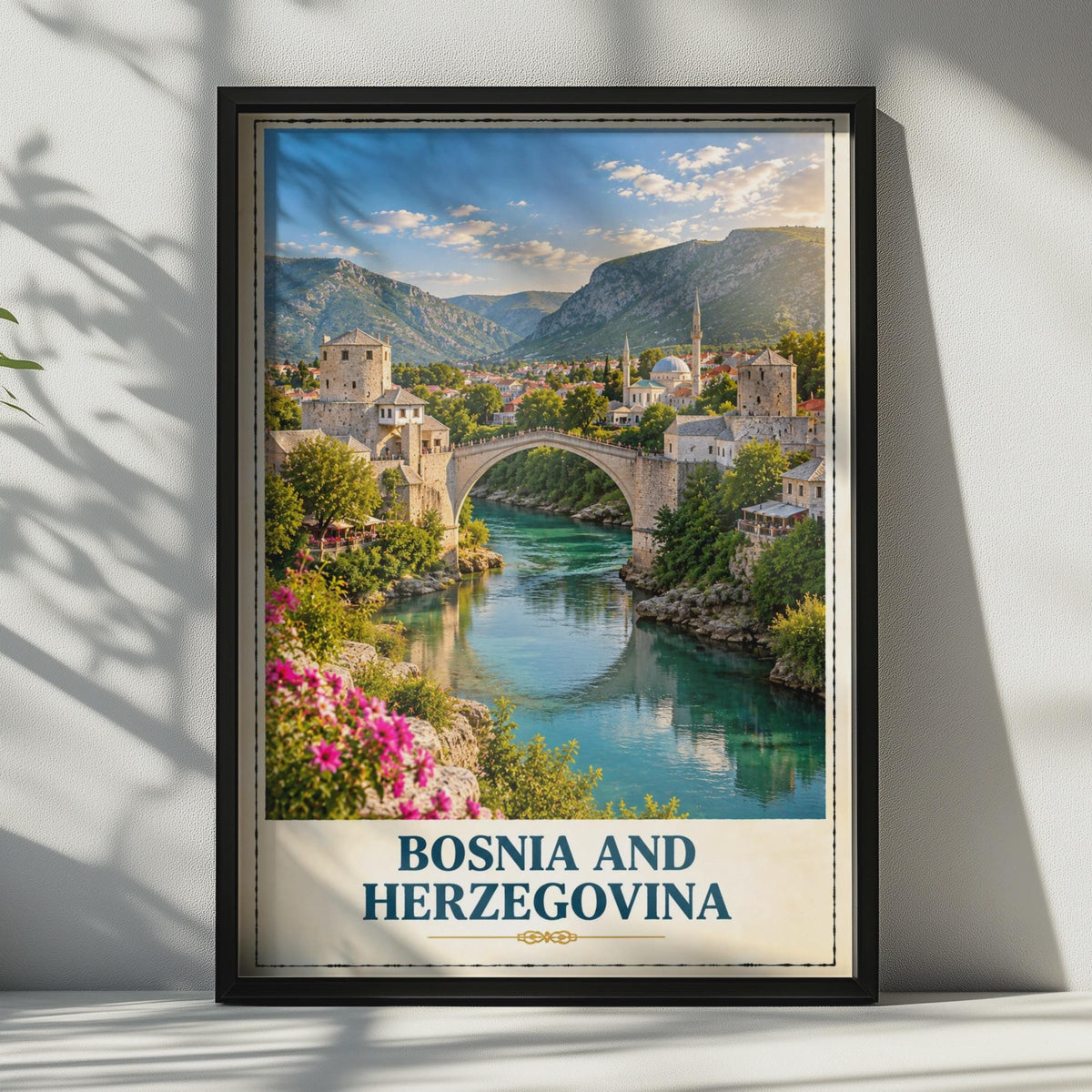 Bosnia and Herzegovina Travel Poster, Stari Most Bridge, Neretva River (Printed)