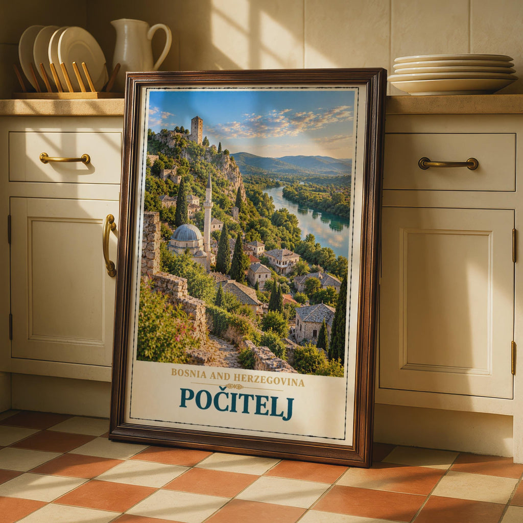 Pocitelj Bosnia Travel Poster, Balkan Hillside Town, Mosque River View (Print)