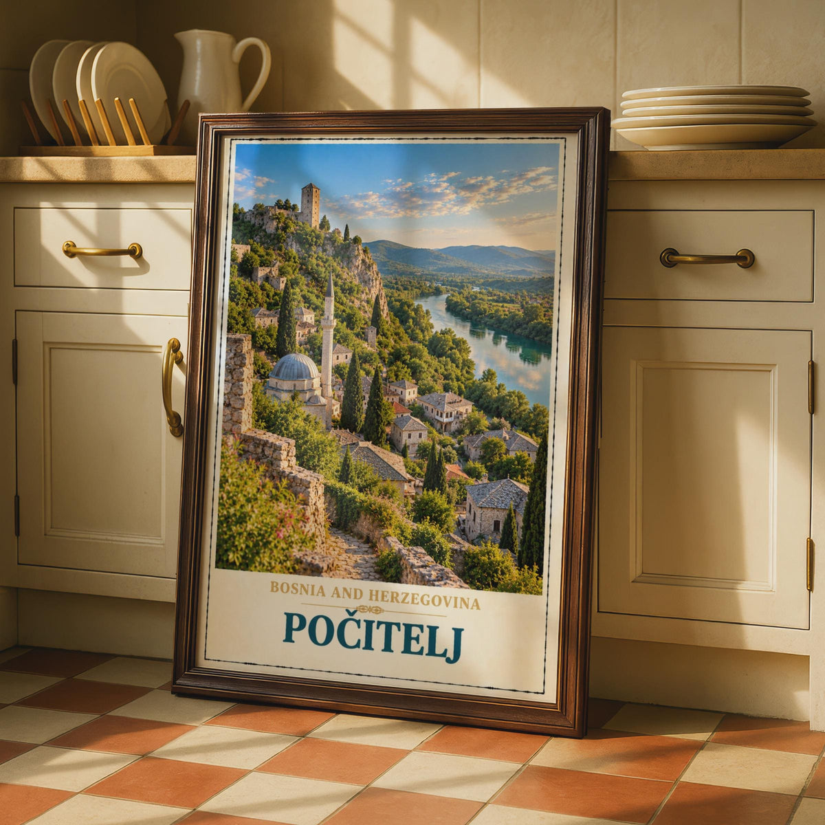 Pocitelj Bosnia Travel Poster, Balkan Hillside Town, Mosque River View (Print)