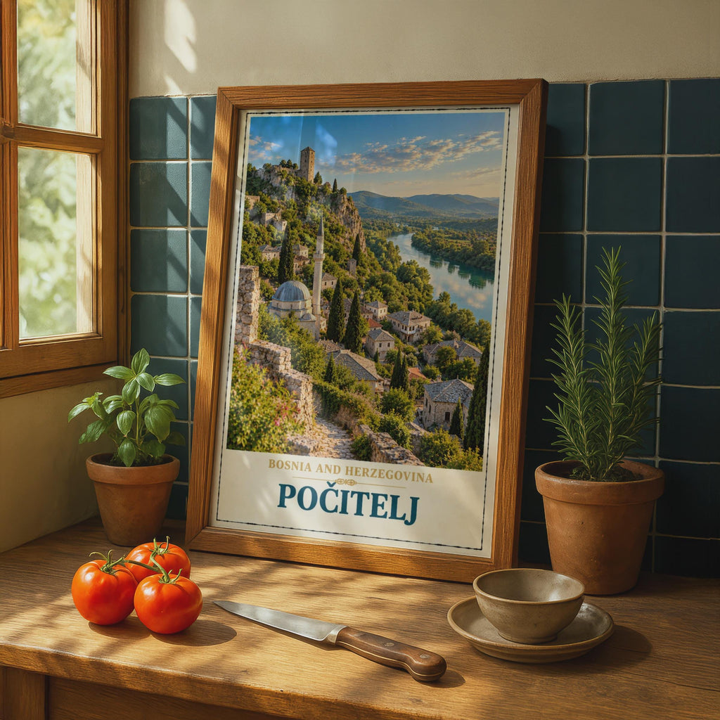 Pocitelj Bosnia Travel Poster, Balkan Hillside Town, Mosque River View (Print)