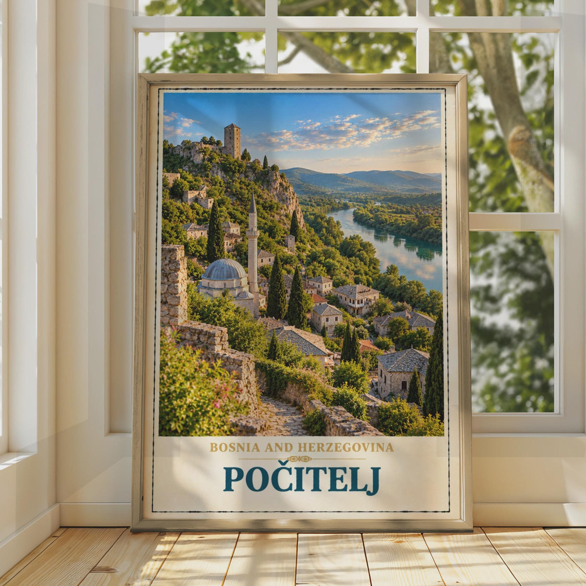 Pocitelj Bosnia Travel Poster, Balkan Hillside Town, Mosque River View (Print)