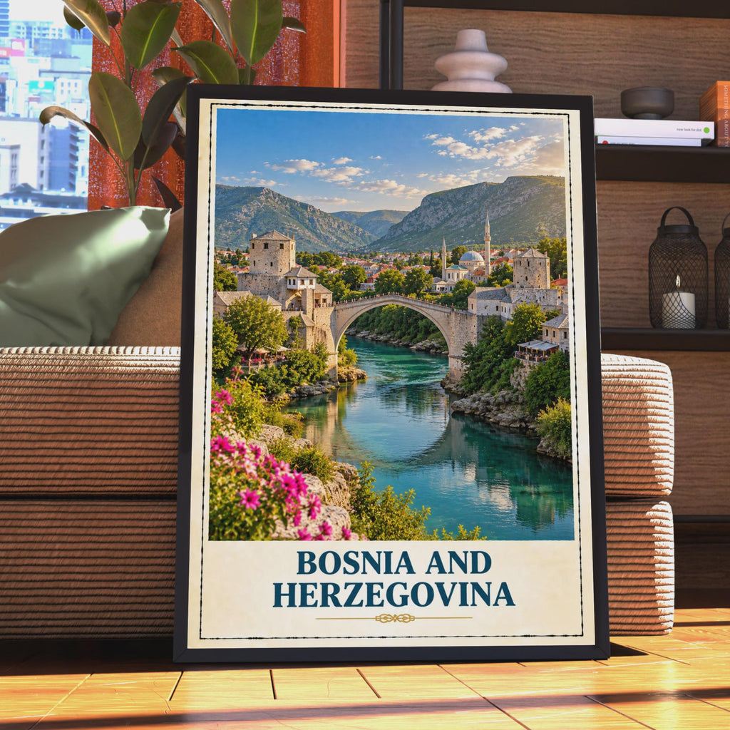 Bosnia and Herzegovina Travel Poster, Stari Most Bridge, Neretva River (Printed)