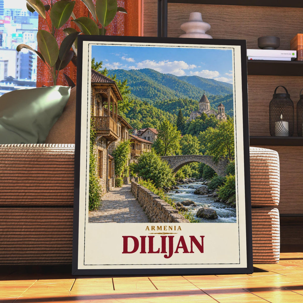 Dilijan Armenia Travel Poster, Stone Bridge, Mountain River, Vintage Style Wall Art