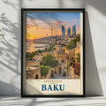 Baku Azerbaijan Travel Poster, Flame Towers Sunset, Old City Skyline (Print)