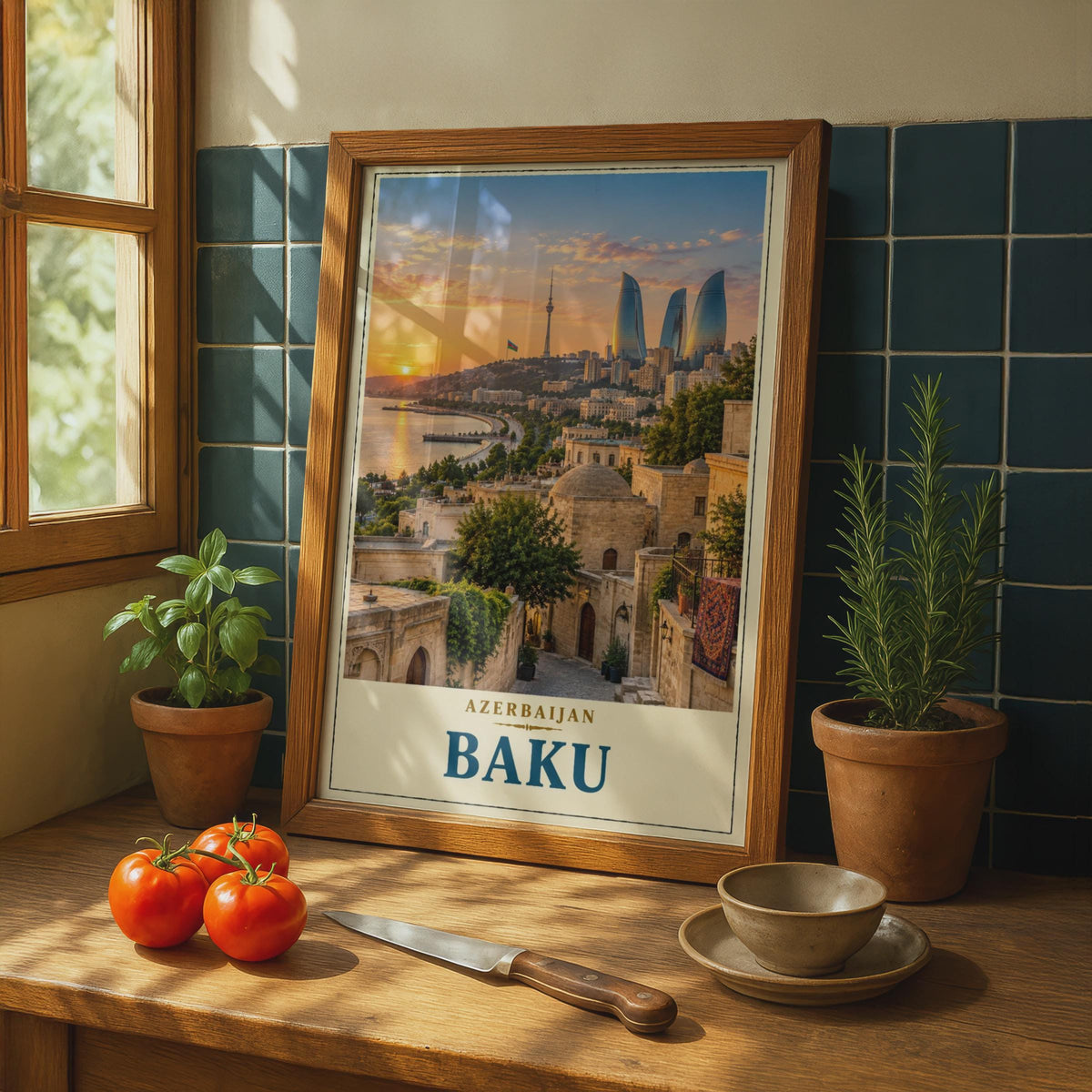 Baku Azerbaijan Travel Poster, Flame Towers Sunset, Old City Skyline (Print)