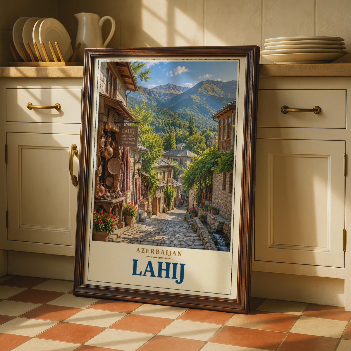 Lahij Azerbaijan Travel Poster, Caucasus Village, Copperwork Street, Mountain Landscape (Printed Poster)