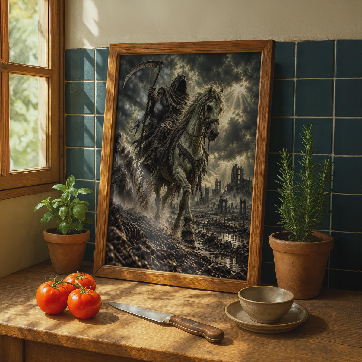 Four Horsemen Apocalypse, Death on the Pale Horse Poster, Book of Revelation Biblical Wall Art, Dark Cinematic Christian End 