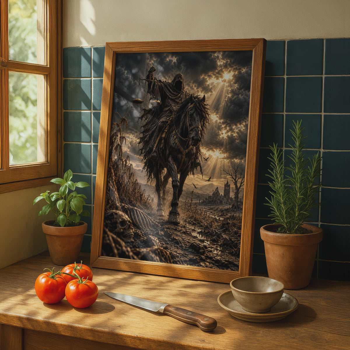Famine Horseman Apocalypse Poster, Black Horse Rider, Biblical Wall Art (Digital Print)